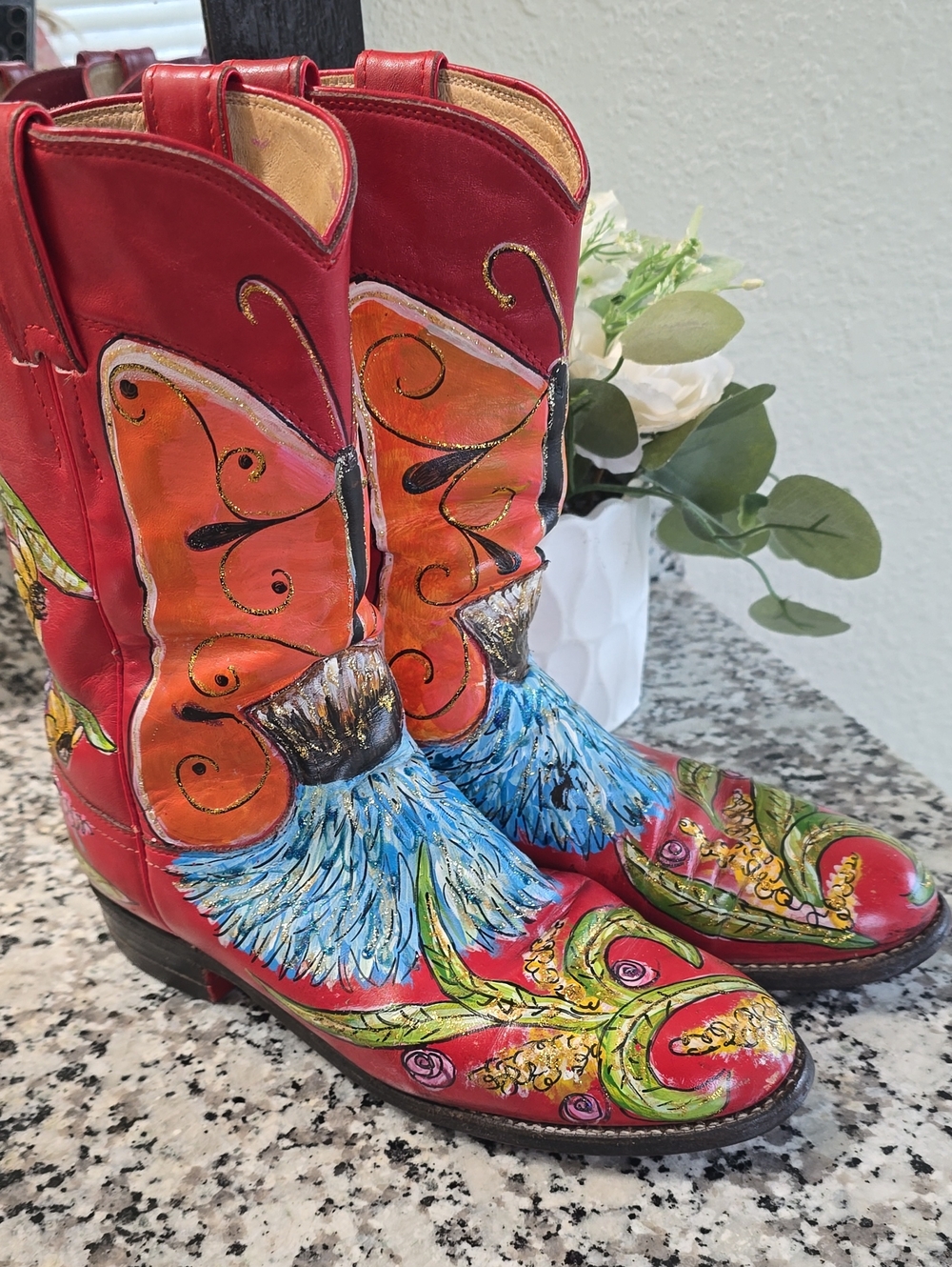 Justin Boots Hand Painted Red Leather Cowboy Boot Interior